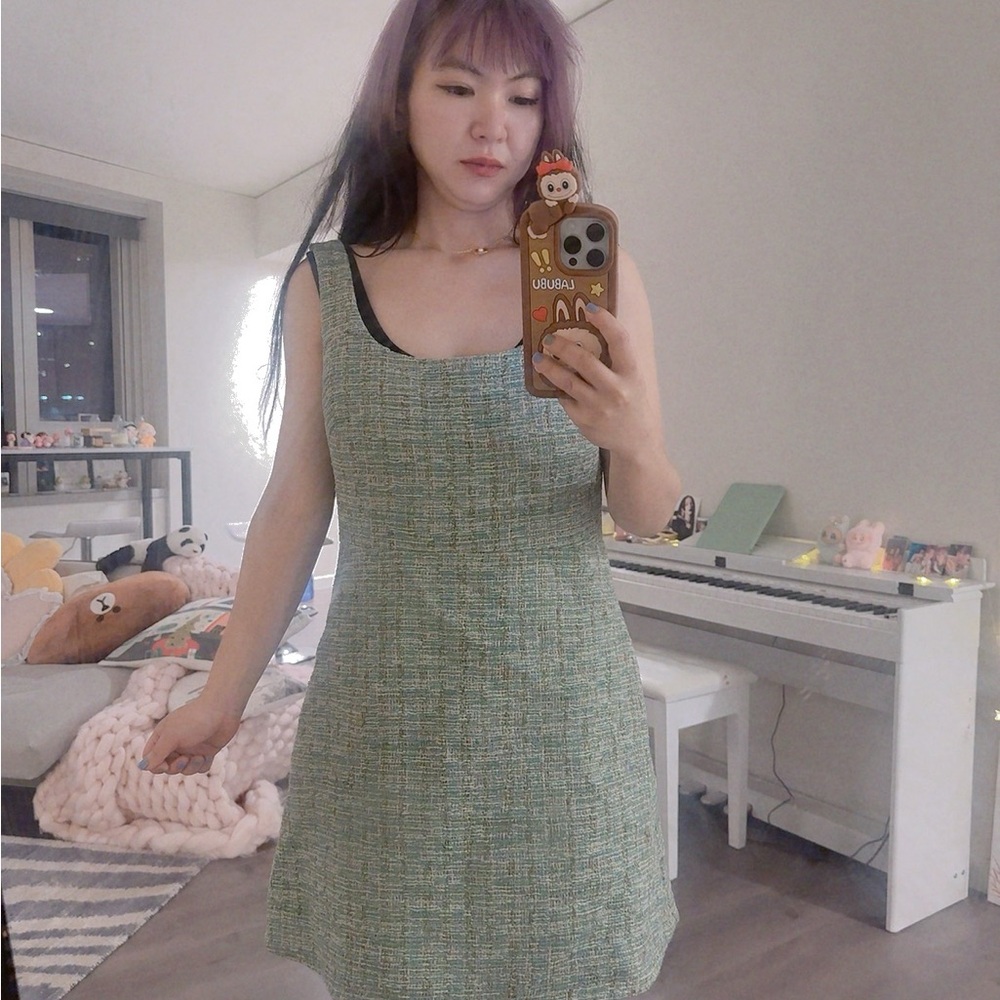 & Other Stories Green Ribbed Scoop Neck Mini Dress